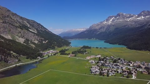 Aerial panorama of Engadin valley and Silvaplana lake, Graubunden, Switzerland. 