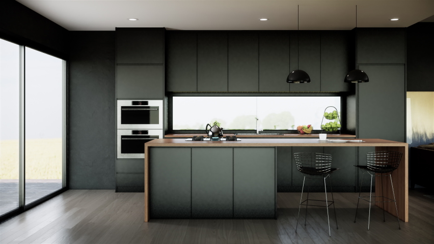 Modern kitchen interior mock up room, dark green kitchen cabinet and wall. 3d rendering 4K kitchen scene decoration with wooden island stools and sunlight from long window. | Shutterstock HD Video #1065590932