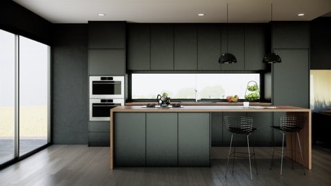 Modern kitchen interior mock up room, dark green kitchen cabinet and wall. 3d rendering 4K kitchen scene decoration with wooden island stools and sunlight from long window.