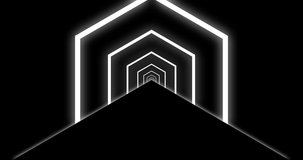 hexagons shapes speed looping tunnel 4k footage clip. white shape on black background. black and white footage.