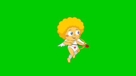 Baby Cupid Cartoon Character Shooting Heart Arrows. 4K Animation Video Motion Graphics On Green Screen Background