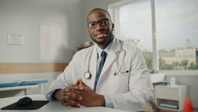 Doctor's Online POV Medical Consultation: African American Physician is Making a Video Call with a Patient. Black Health Care Professional Giving Advice, Explaining Test Results. Point of View Shot