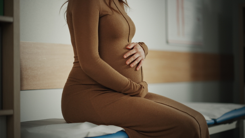 Young Female Patient Visiting a Modern Family Health Care Clinic. Pregnant Woman Waiting for Her Medical Test Results in Obstetrics and Gynecology Doctor's Hospital Office. Waiting for Physician. | Shutterstock HD Video #1065599671