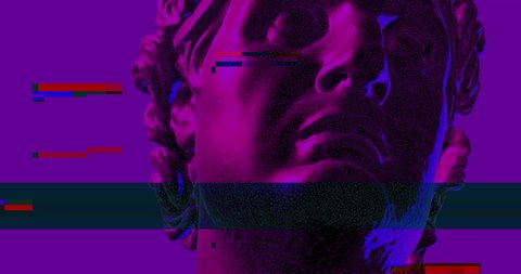 Neon bright colors with a 3D model of a roman statue head with glitch effect over. Glitch and noise over greek statue. Vaporwave colors and mood with techonology digital noise.
Classical statue head.
