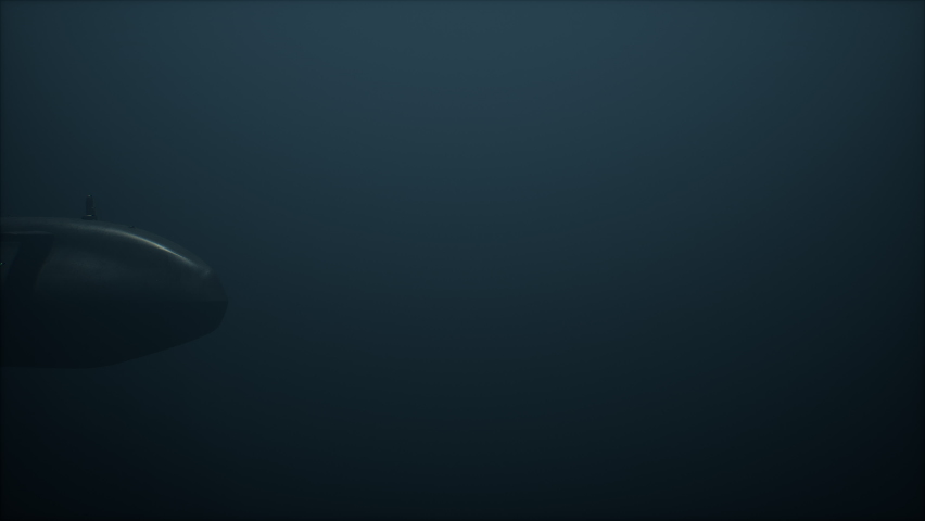 Submarine passes underwater in deep murky ocean. 3D Animation. Royalty-Free Stock Footage #1065602593