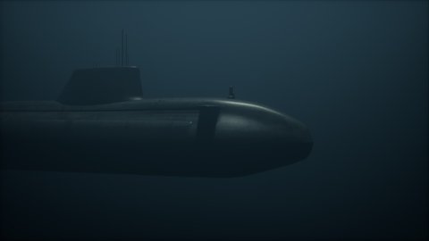 Submarine passes underwater in deep murky ocean. 3D Animation.