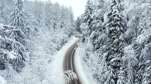 Amazing winter landscape, road in the snowy forest. Crane shot, drone ascend above road, beautiful panorama of the forest