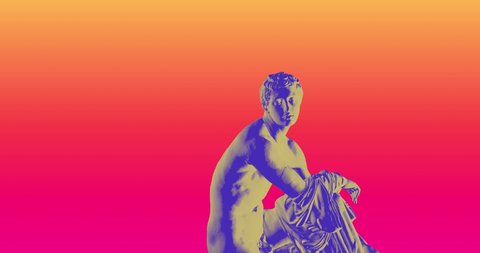 Pop art greek statue rotating on exciting bright background. Neon and purple colors backdrop for ancient classical statue. Mixed reality between new and classic. 3D model of a statue in duotone colors