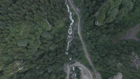 Aerial view of the stunning Forest, waterfall and the curvy road to Sumela Monastery,Trabzon Turkey. Professional 4k RAW Footage