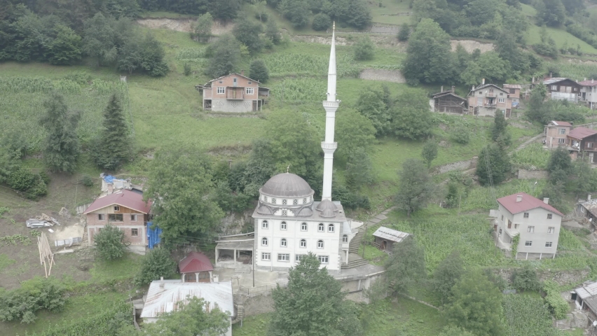 Aerial Footage of Beautiful small Hilltop Mosque in the turkish countryside near Uzungol Lake, Trabzon Turkey. Professional 4k RAW Footage