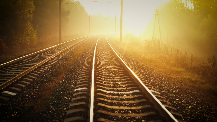 Railway in the autumn forest, foggy sunny dawn.