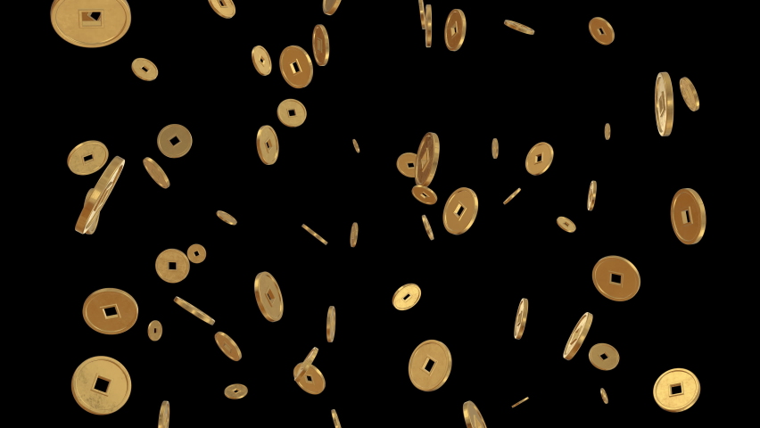 Looping animation of Chinese gold happy coins falling down isolated on black background with alpha matte. Royalty-Free Stock Footage #1065610756