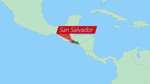 Map of El Salvador with pin of country capital. El Salvador Map with neighboring countries in green color.
