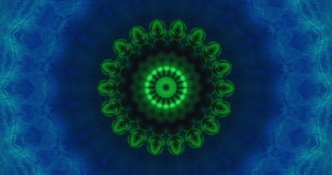 Fractal animation. Fantasy kaleidoscope. Green blue round creative symmetrical pattern equalizer effect hypnotic motion. Glowing ornament smoke abstract background.
