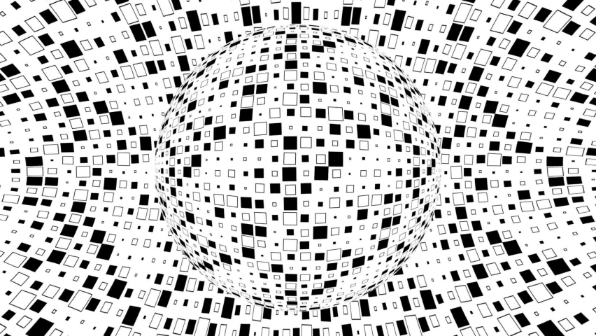 Black and white monochrome optical illusion with geometric pattern, surreal hypnotic seamless looping motion background, psychedelic trendy decorative unreal illusory delusion 3d render animation.