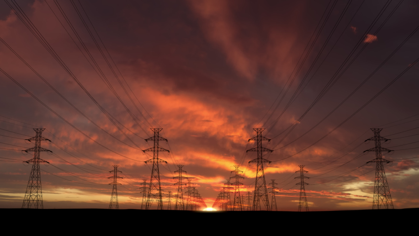 High voltage electric towers at sunset. High quality Seamless Loop in 4k resolution, ProRes 4444 codec, 25 FPS. Royalty-Free Stock Footage #1065628627