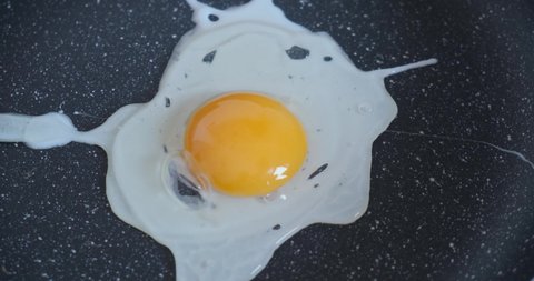 Fried eggs in a pan for breakfast. Hand cracking egg on a iron frying pan 