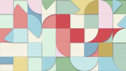 Geometric pattern loop. Circles, squares animation. Modernist abstract background. Bauhaus Design style. Pastel colours - pink, red, blue, green, yellow, cream, mustard.