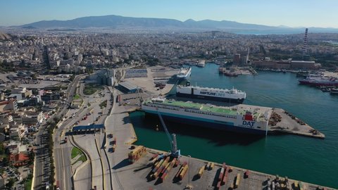 Piraeus, Attica - Greece - January 13 2021: Aerial drone video of international car terminal and Ro Ro boat terminal in Keratsini area