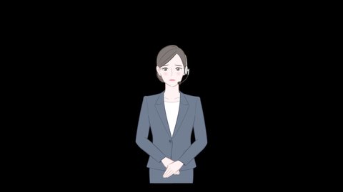 Animation of a woman in a suit wearing a headset to apologize