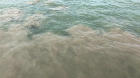 turbid sea water mixed with clear sea water in the port area.