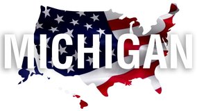 Michigan state text with USA map flag video waving in wind. Waving Flag United States Of America. USA flag for Independence Day, 4th of july US American Flag Waving 1080p Full HD footage. Michigan USA