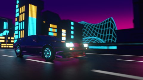 80s retro background 3d animation. Futuristic car drive through neon city. Retrowave vj loop