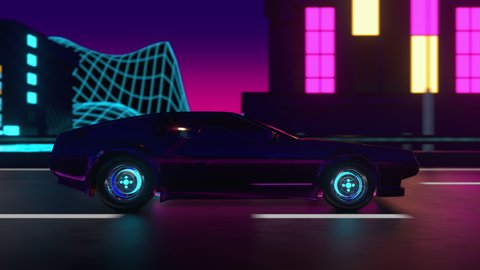 80s neon retrowave car loop 3d animation. Close up retro car is driving through the night city.