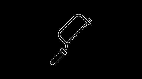 White line Hacksaw icon isolated on black background. Metal saw for wood and metal. 4K Video motion graphic animation