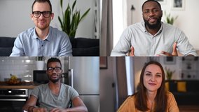 A group of diverse employees, coworkers have video conference, discussing online. Smiling young people talking and looking at webcam during virtual online meeting. Video screens of multiethnic friends - Powered by Shutterstock - Get 15% off with code: PIKWIZARD15