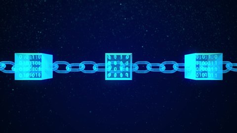  4K Block chain concept - Chain consists of network connections . cubes with binary numbers inside. interconnected blocks of data depicting a cryptocurrency blockchain on a dark background