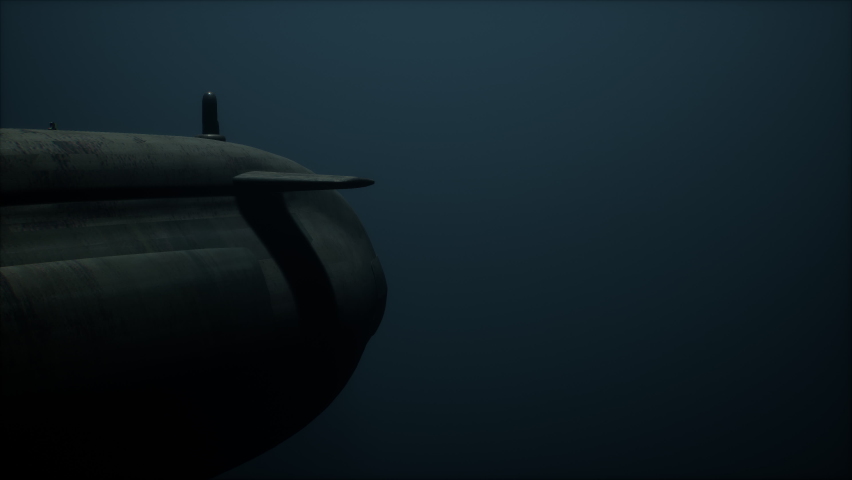 Submarine diving down under water. Submerged in deep murky waters. 3D Animation. Royalty-Free Stock Footage #1065669358