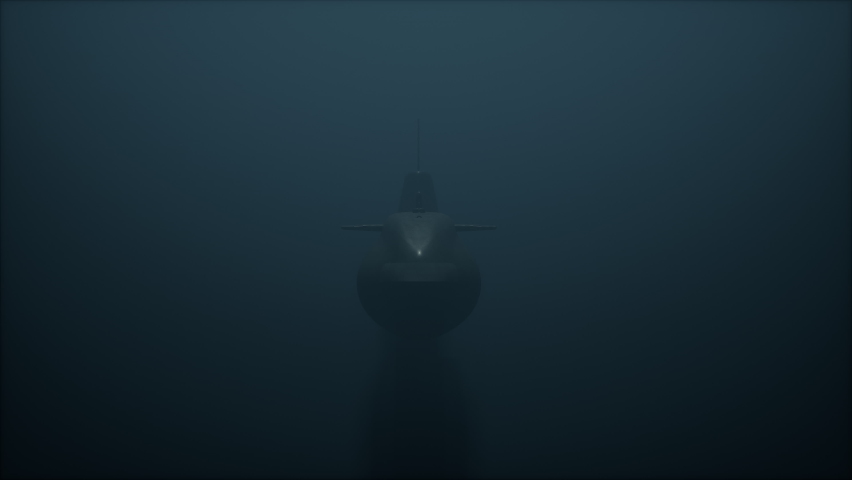 Submarine diving down underwater in deep murky water. Font view. 3D Animation. Royalty-Free Stock Footage #1065669361
