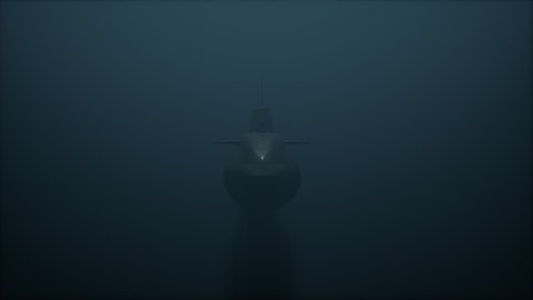 Submarine diving down underwater in deep murky water. Font view. 3D Animation.