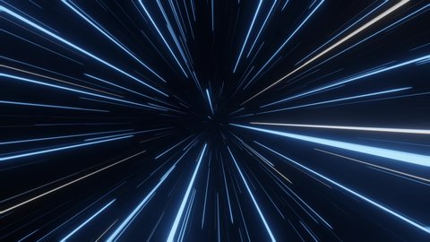 Slowly flying through space then entering hyperspace and slowing down. Colorful speed of light seamless loop animation.