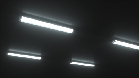 White double fluorescent light turns on alternately on the ceiling of a dark, cold industrial room. Scary twinkling neon light. Cinematic concept. Close up. Turning movement. 3d animation