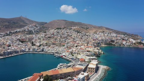 Aerial view of Syros Island in the Cyclades Aegean Sea Greece in summer season 