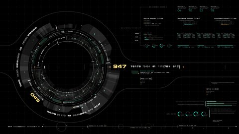 Futuristic motion graphic user interface head up display screen template, digital data telemetry information display with alpha channel for graphic overlay