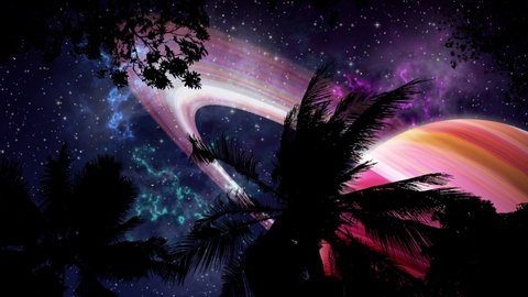 Silhouettes of palm trees fluttering from the wind, against the backdrop of a night sky with a myriad of sparkling stars and the large mother planet of the gas giant with rings.