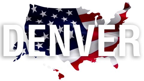 Denver city text with USA map flag video waving in wind. Waving Flag United States Of America. USA flag for Independence Day, 4th of july US American Flag Waving 1080p Full HD footage. Denver USA Amer