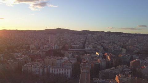 AERIAL: Over Barcelona Streets, Old Town, Houses at Sunset, Summer, Sunny