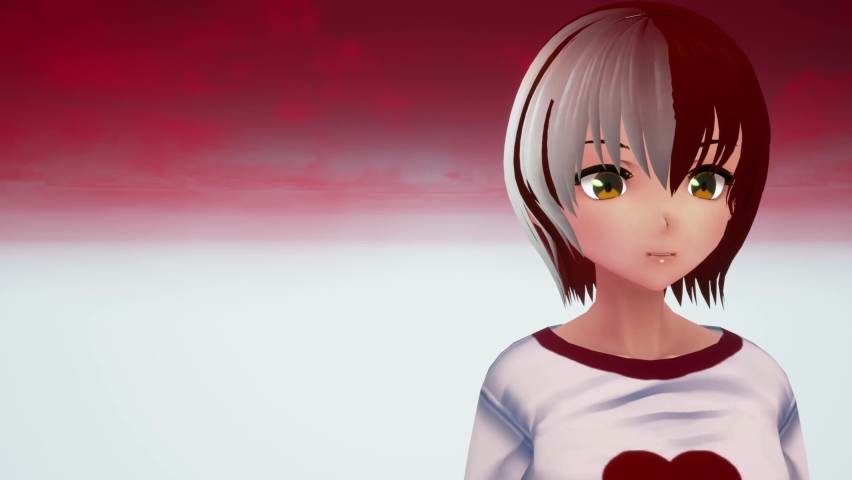 Anime Girl Red Hair Cartoon Character standing in front of a sky background it