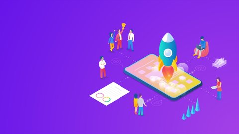 Successful Launch Startup animated isometric concept. People Teamwork standing near Mobile Phone Smartphone from which Rocket takes off as symbol Start up Project animation.
