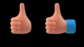 Thumbs up hand animation. Like Success gesture. Emoticon sign. 3D cartoon emoji friendly funny style seamless looping 3D rendering video with alpha.