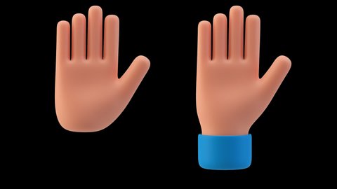 Waving hand animation. Hello Hi Goodbye Buy gesture. Emoticon sign. 3D cartoon emoji friendly funny style seamless looping 3D rendering video with alpha.