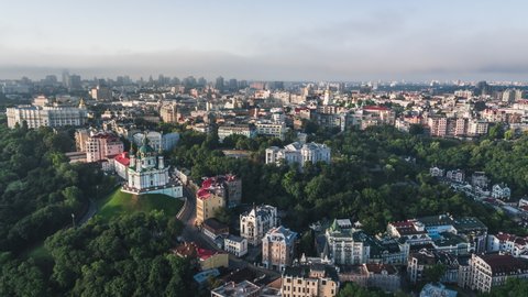 Establishing Aerial View Shot of Kyiv Kiev, St. Andrew's Church, Baroque East Orthodox, Ukraine, city of golden domes