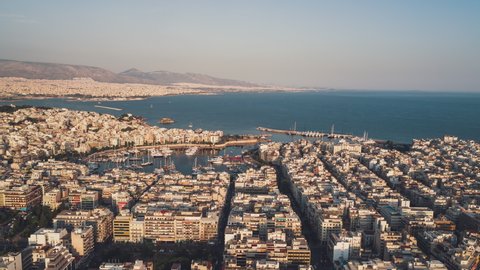 Establishing Aerial View Shot of Athens, Pasalimani, early afternoon, Greece, port of Piraeus 