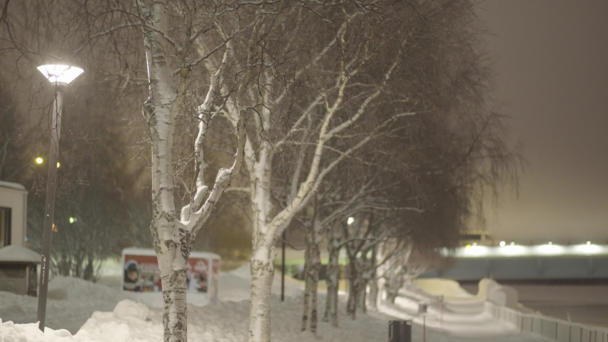Rovaniemi city center in winter with snow covered trees at Christmas time, Finland.