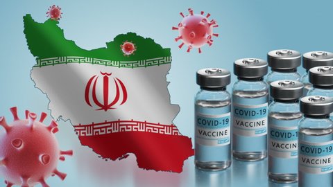 Iran to launch COVID-19 vaccination campaign. Coronavirus vaccine vials, Covid 19 cells, map and flag of Iran on blue background. Fighting the epidemic. Research and creation of a vaccine.
