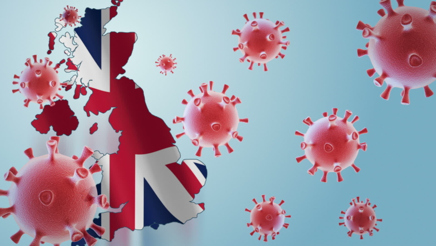 Britain to launch COVID-19 vaccination campaign. Coronavirus vaccine vials, Covid 19 cells, map and flag of Britain on blue background. Fighting the epidemic. Research and creation of a vaccine. Royalty-Free Stock Footage #1065723139